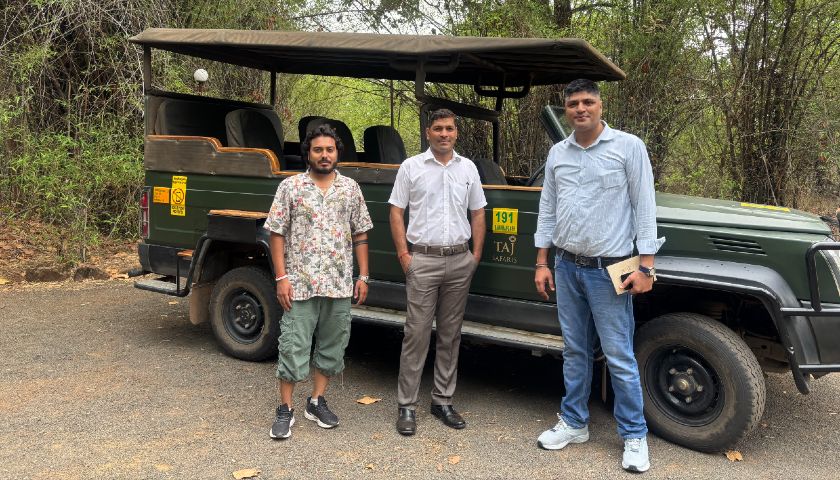 Sanjeev and Abhinash from Alkof Holidays with Mr. Brijesh, Lodge Manager of Mahua Kothi, A Taj Safari